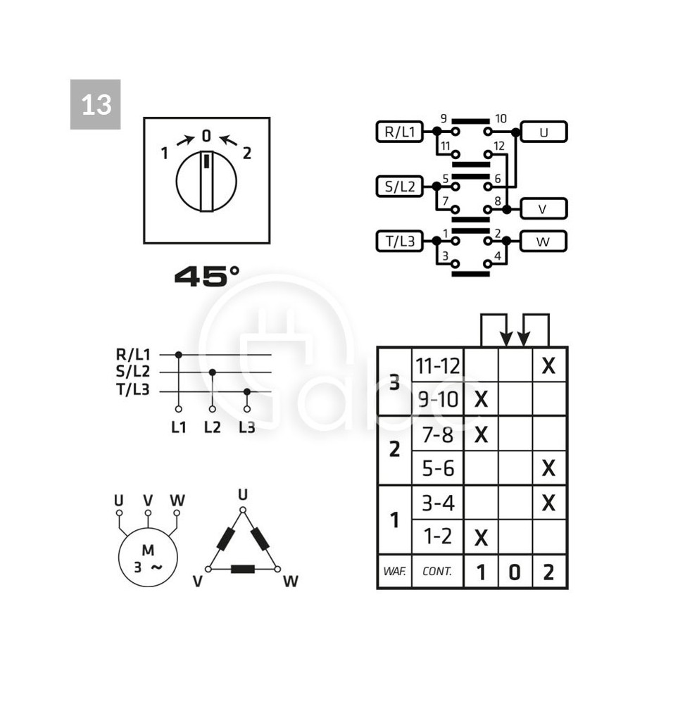 Przełącznik zmiany kierunku obrotów z samopowrotem L-0-p, prąd 16 A, seria P016, P0160013R