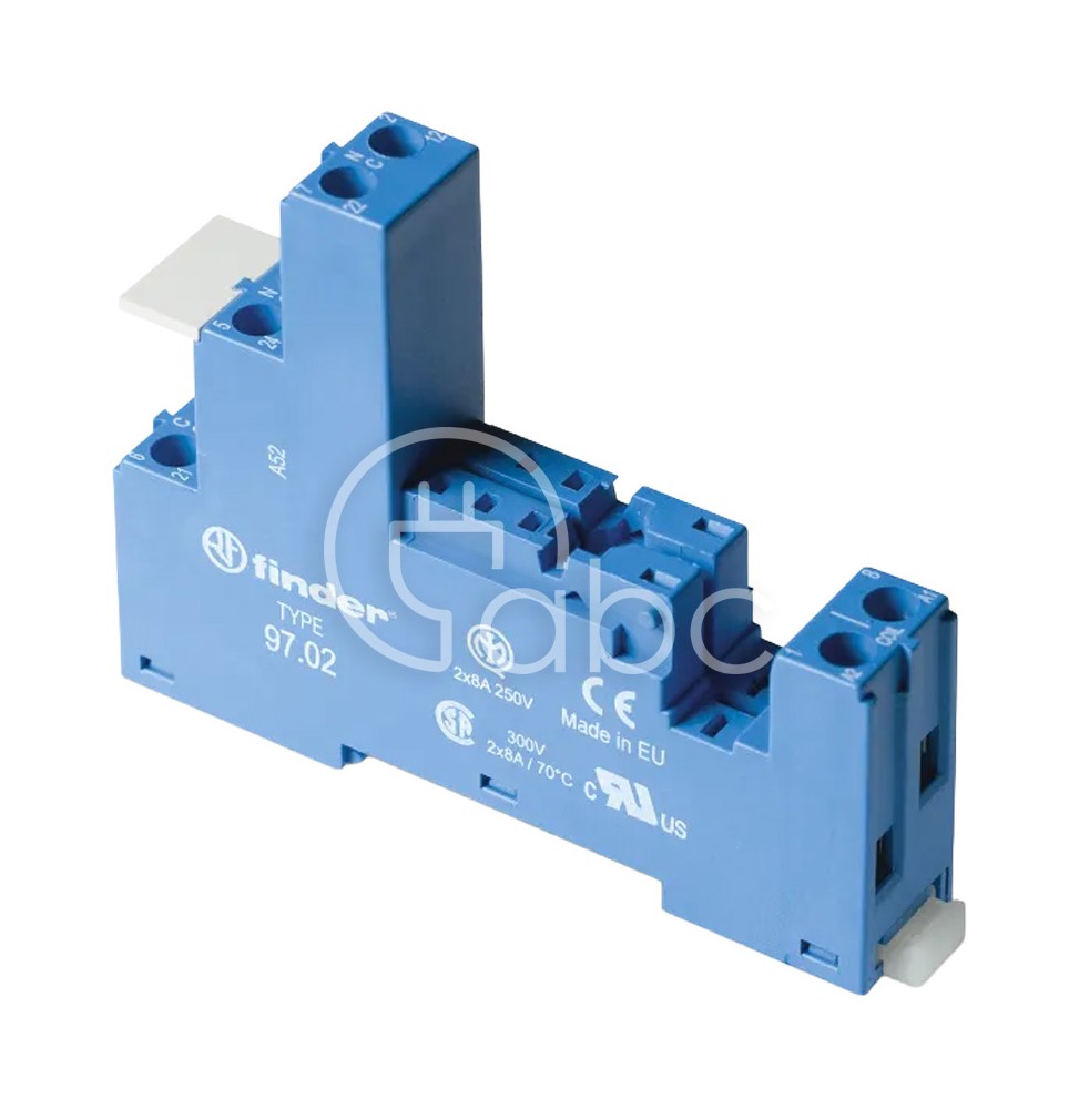 Gniazdo do przekaźnika serii 46.52 modułów 99.02/86.30 montaż na szynie DIN na panel 2P 250 V AC 8 A 97.02SPA