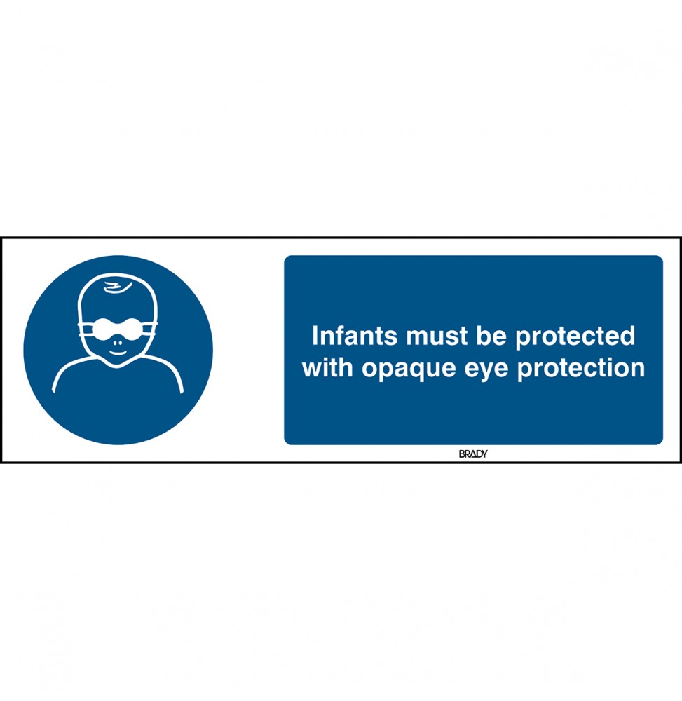 Znak ISO 7010 – Nakaz stosowania u niemowląt okularów ochronnych, STEN M025-450X150-PP-CRD/1
