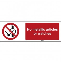 Znak ISO 7010 – Zakaz wstępu z przedmiotami metalowymi i zegarkami, STEN P008-297X105-PP-CRD/1