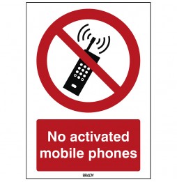Znak ISO 7010 – Zakaz używania telefonów komórkowych, STEN P013-297X420-PE-CRD/1